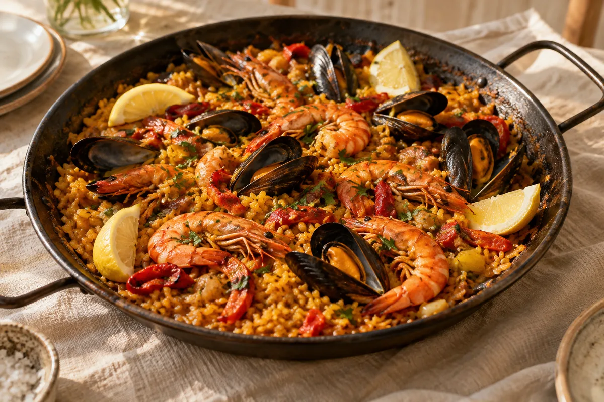 Saffron, seafood and lemon paella, ready to share